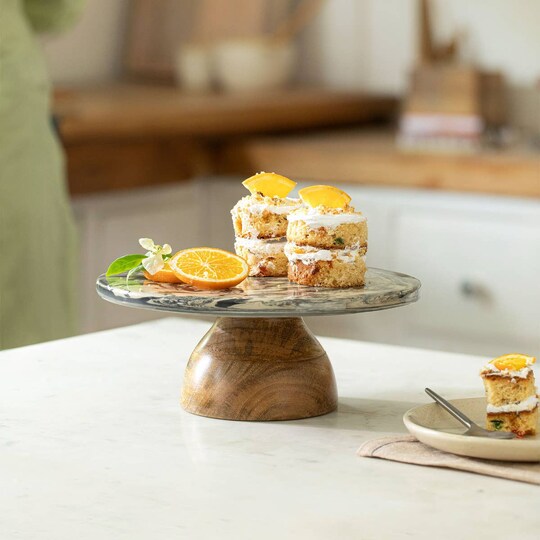 Expobazaar; Carbon Ceramic and Wooden Cake Stand – Elegant Dessert Display Stand for Cakes & Pastries - 9.8 X 9.8 X 3.9"; Category:Cake Stands; Image:1
